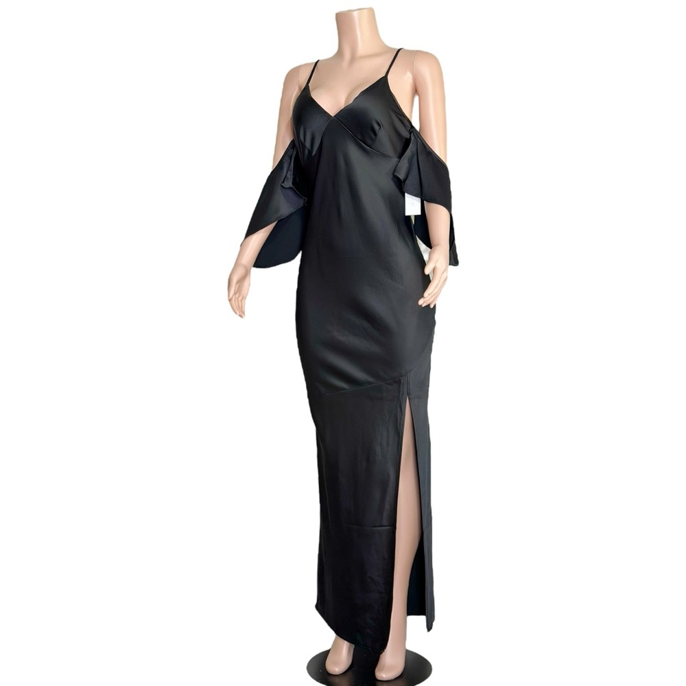 ASTR THE LABEL Kendra Cold Shoulder Satin Maxi Dress, Black, Medium - Picture 8 of 13